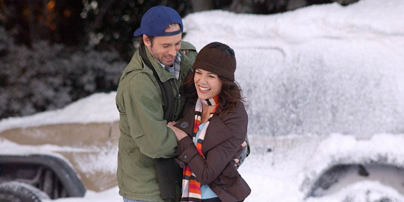 Luke catching a laughing Lorelai in Gilmore Girls