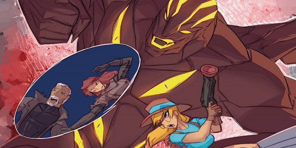 Gina Digger holding a gun while a monster looks down