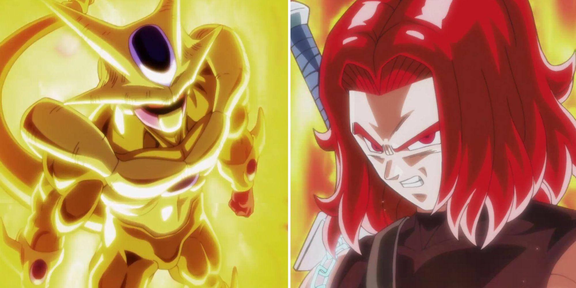 A split image of Golden Cooler and Super Saiyan God Trunks from Dragon Ball Heroes
