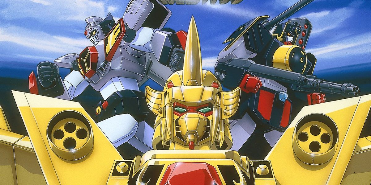 The mecha of the Brave of Gold Goldran, standing together, with Goldran at the front and his two allies behind him.