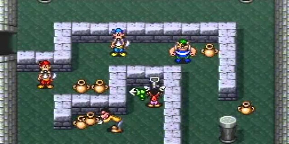 Cooperative play between Goofy and Max in Goof Troop Super Nintendo Game