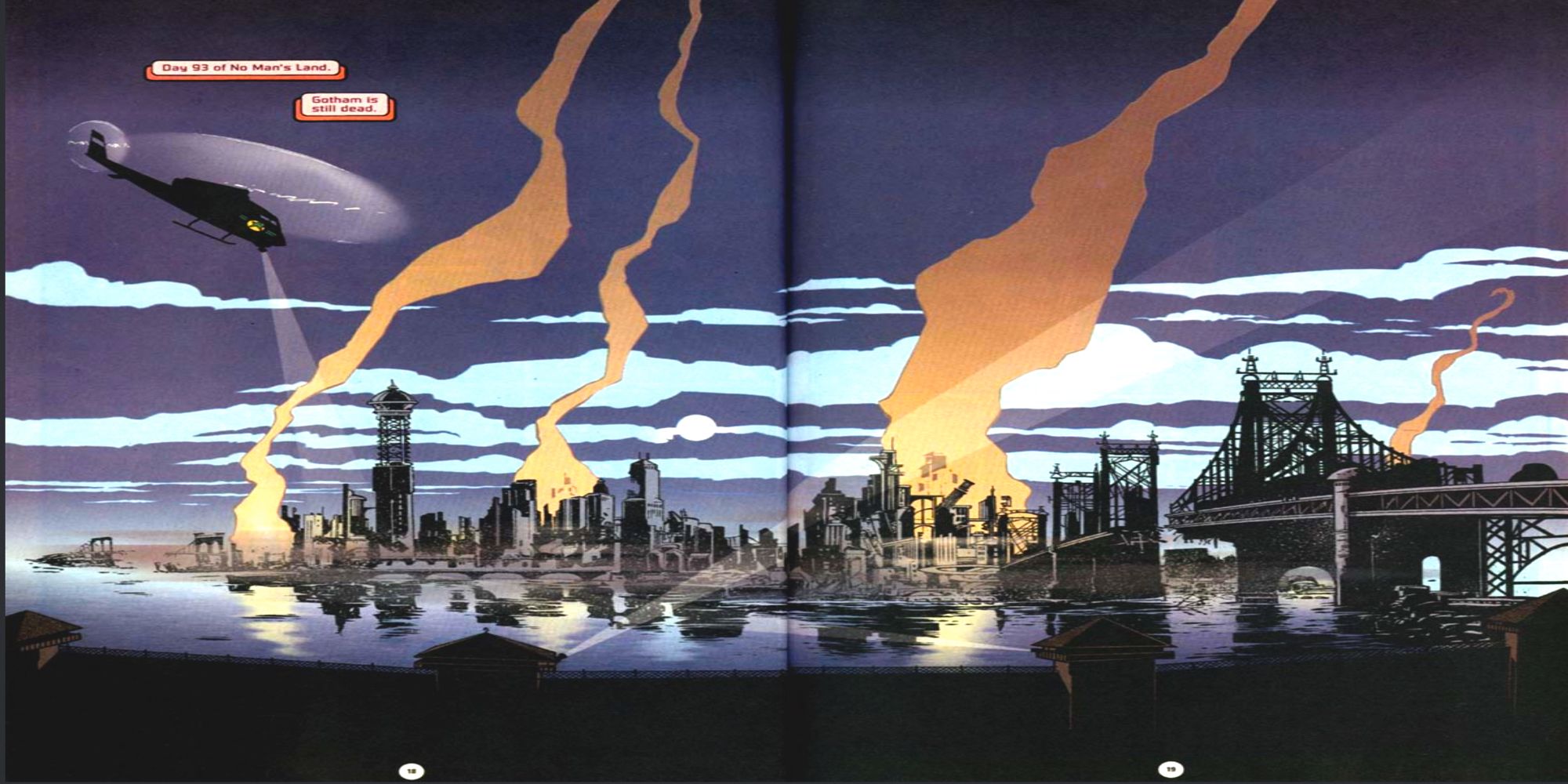 Gotham wasteland comic book illustration of city. 
