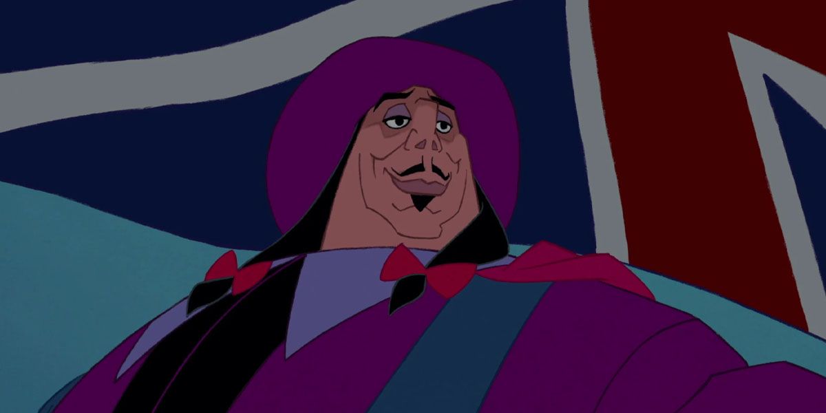 Governor Ratcliffe standing smug in front of the British Flag in Pocahontas