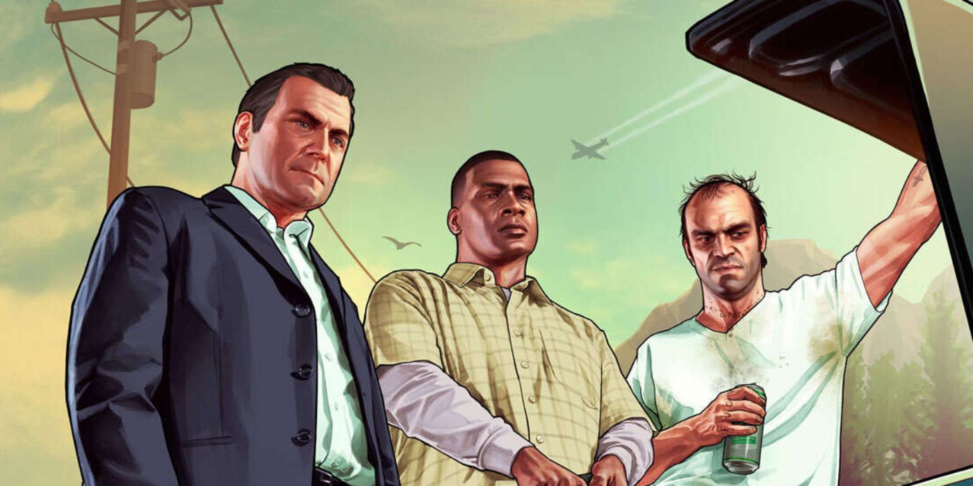 Michael, Franklin, and Trevor in artwork for Grand Theft Auto V