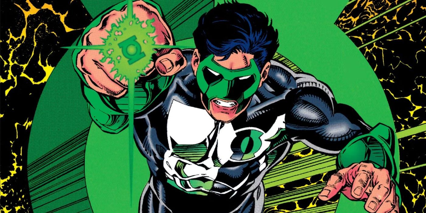 Green Lantern Kyle Rayner flies with his glowing ring held toward the reader