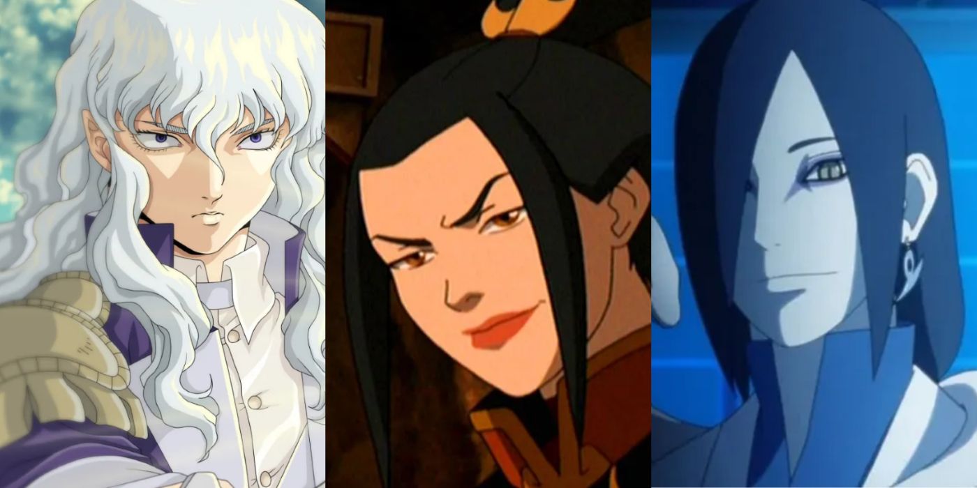 Griffith holding sword (left); Azula smirking (center); Orochimaru with snake (right)