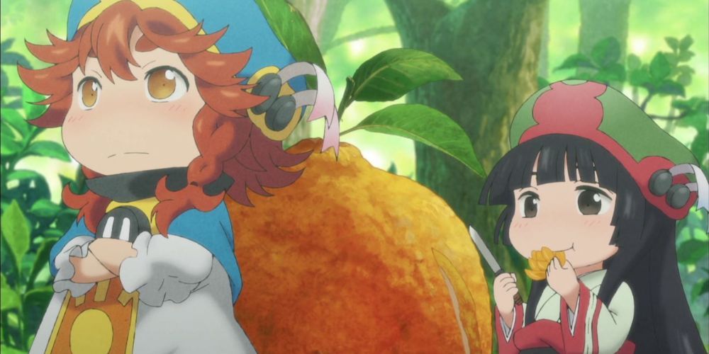 Hakumei walking in the woods with her harms crossed while Mikochi has a snack in Hakumei to Mikochi