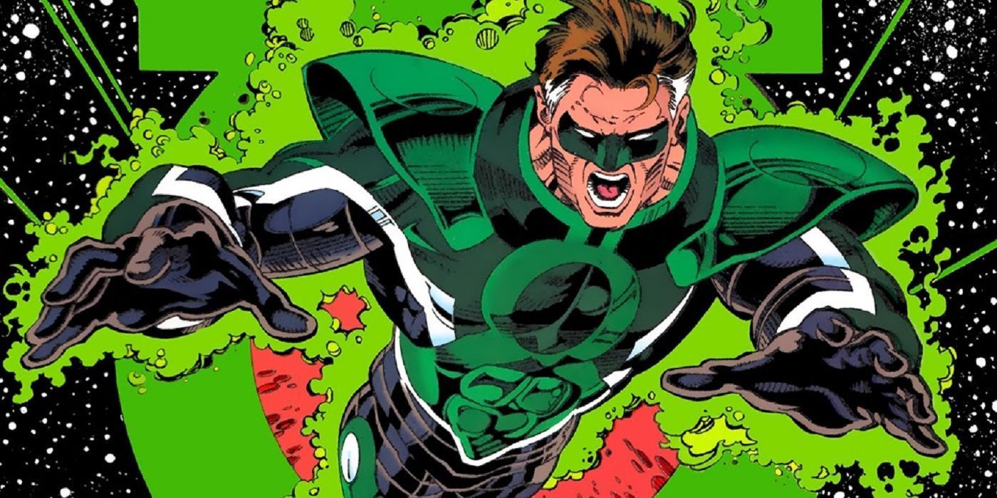 Hal Jordan as Parallax bursts out of a Green Lantern logo in DC Comics.