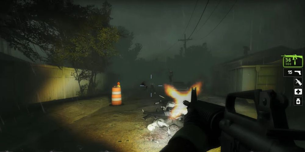 Fighting zombies during the storm in Hard Rain Left 4 Dead 2