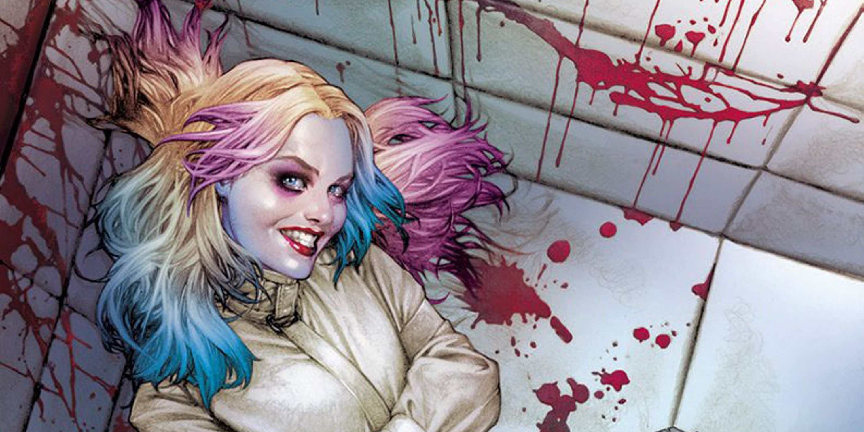 Harley Quinn in a straightjacket with blood on walls DC Comics
