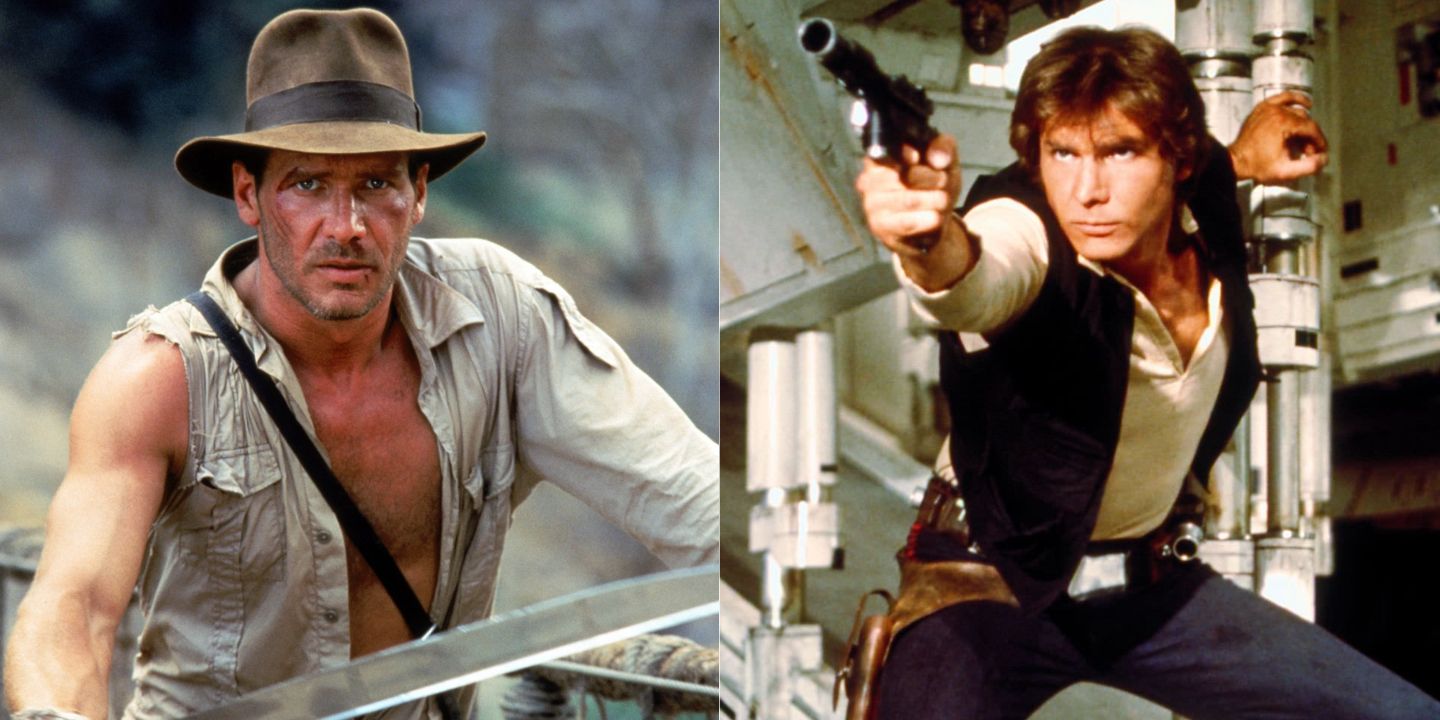A split image of Harrison Ford as Indiana Jones from Indiana Jones and Han Solo from Star Wars
