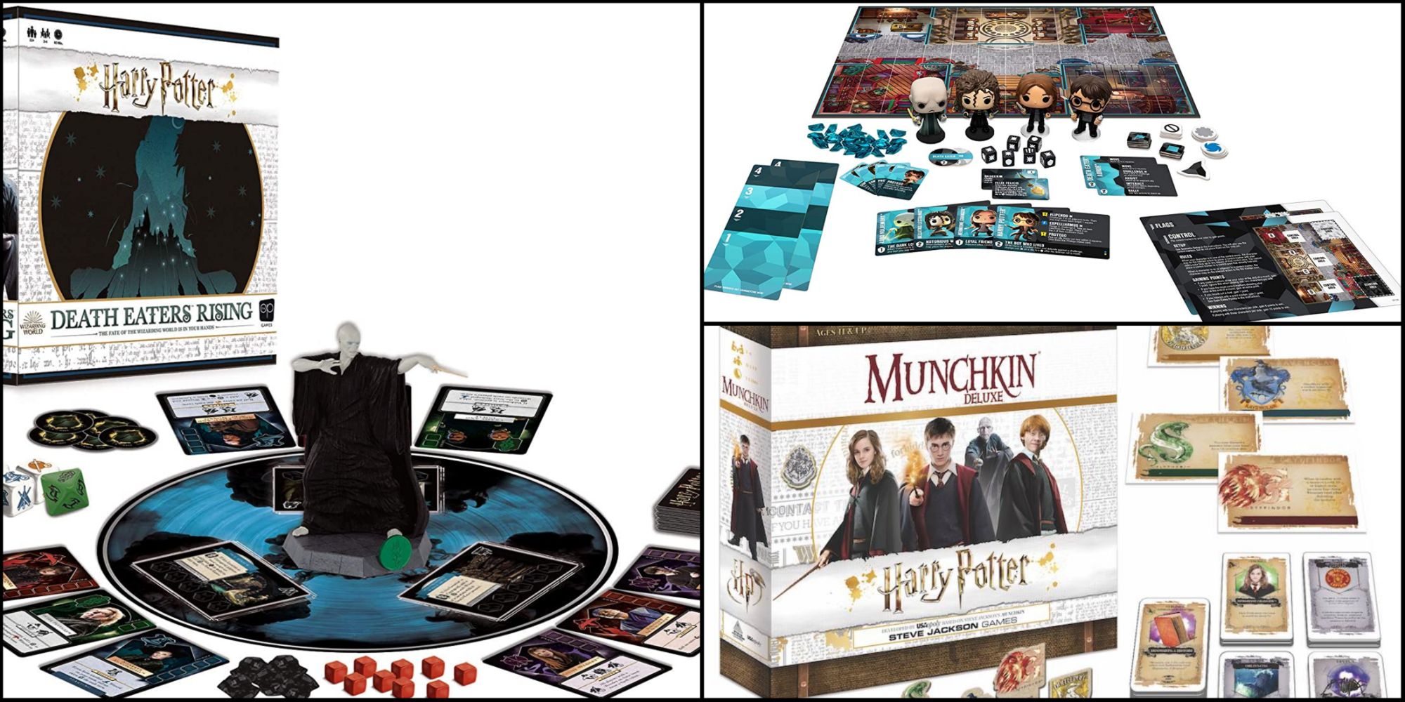 A split image of the box and game pieces for Harry Potter Death Eaters Rising, Munchkin Harry Potter Edition, and the Funkoverse Harry Potter Strategy Game
