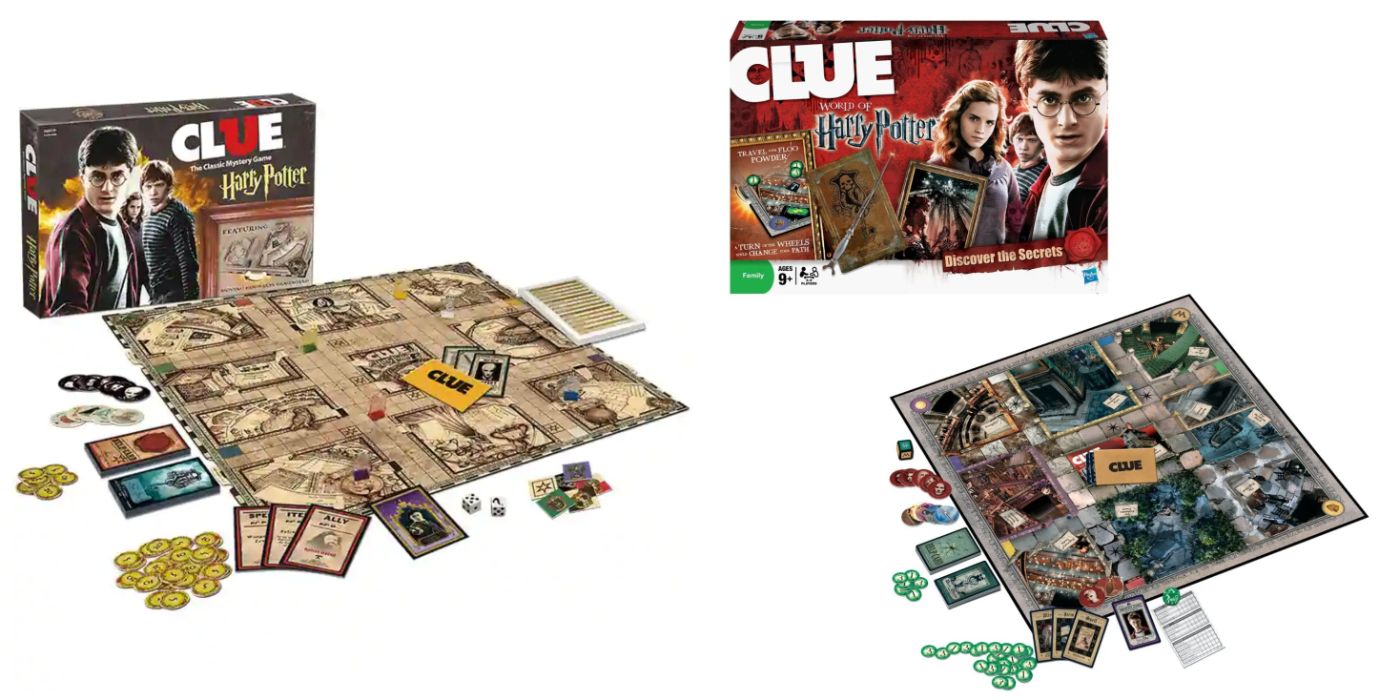 An image of the game covers and game pieces for the Harry Potter Clue games