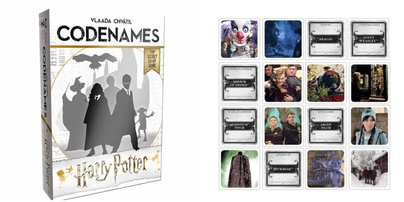 An image of the game cover and game pieces for Harry Potter Codenames