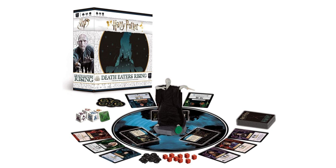 An image of the game cover and game pieces for the Harry Potter Death Eaters Rising Game