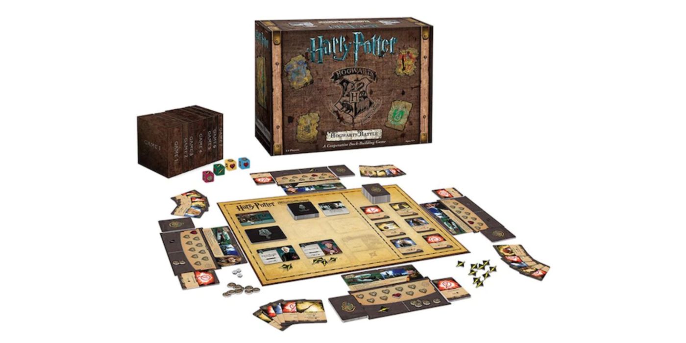 An image of the game cover and game pieces for Harry Potter Hogwarts Battle Game