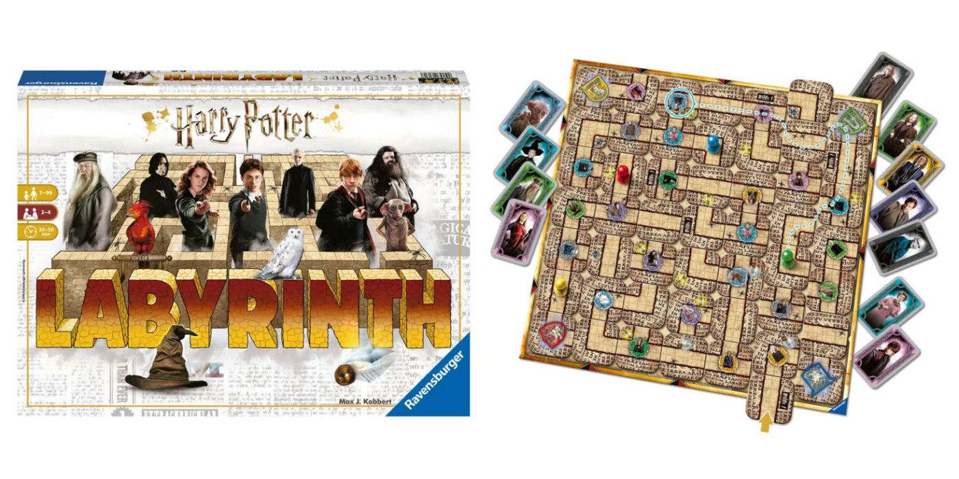 An image of the game cover and game pieces for Harry Potter Labyrinth