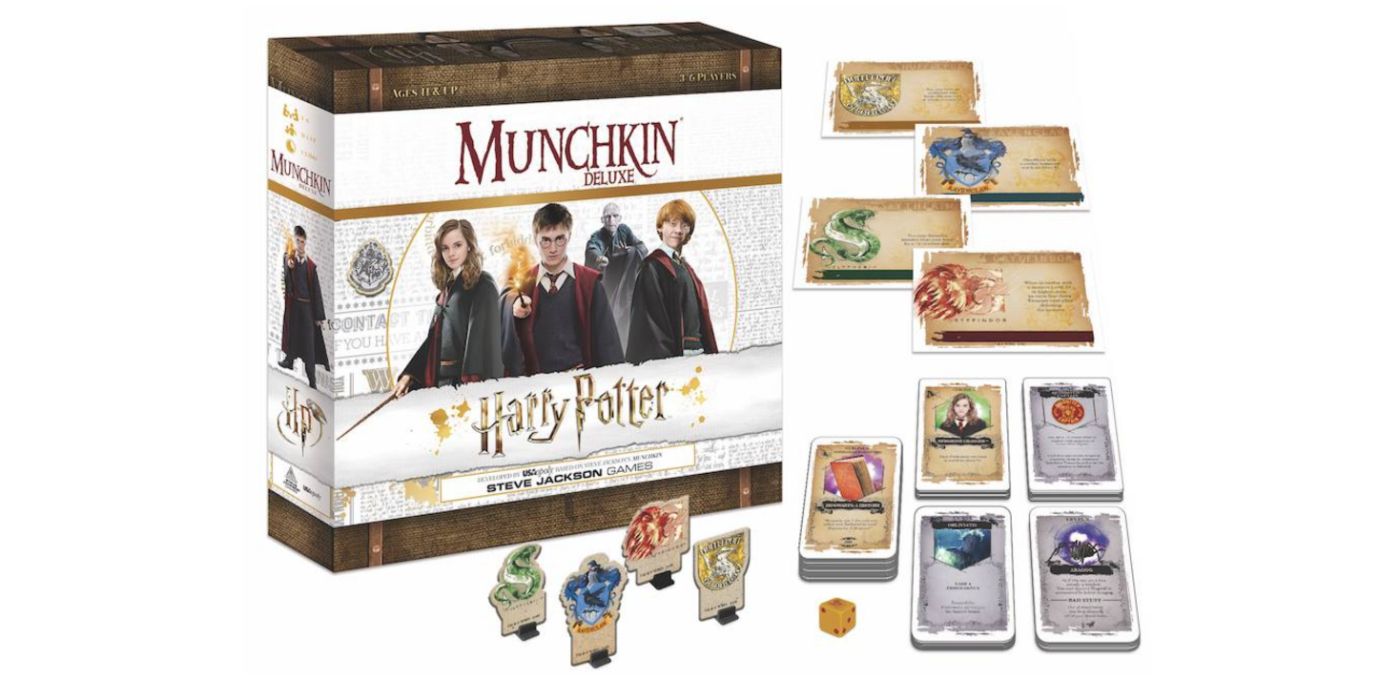 An image of the game cover and game pieces for the Harry Potter Munchkin Game