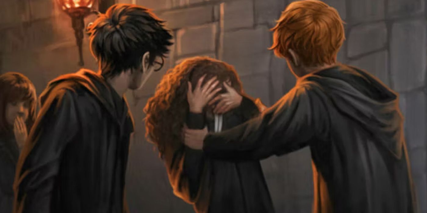 Harry and Ron comfort Hermione after Draco casts Densaugeo on her