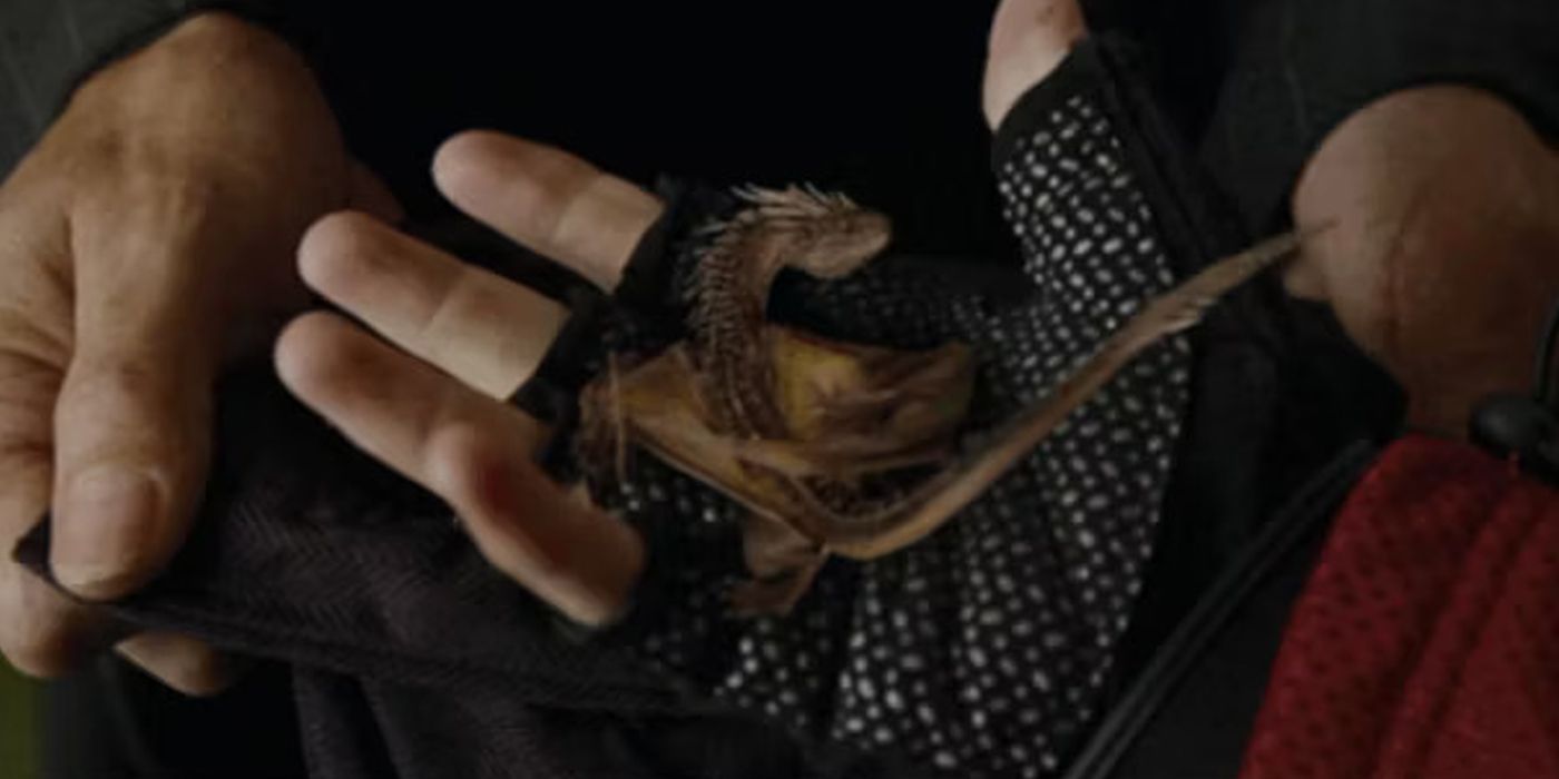 A gloved hand holding a miniature dragon created by the Draconifors spell