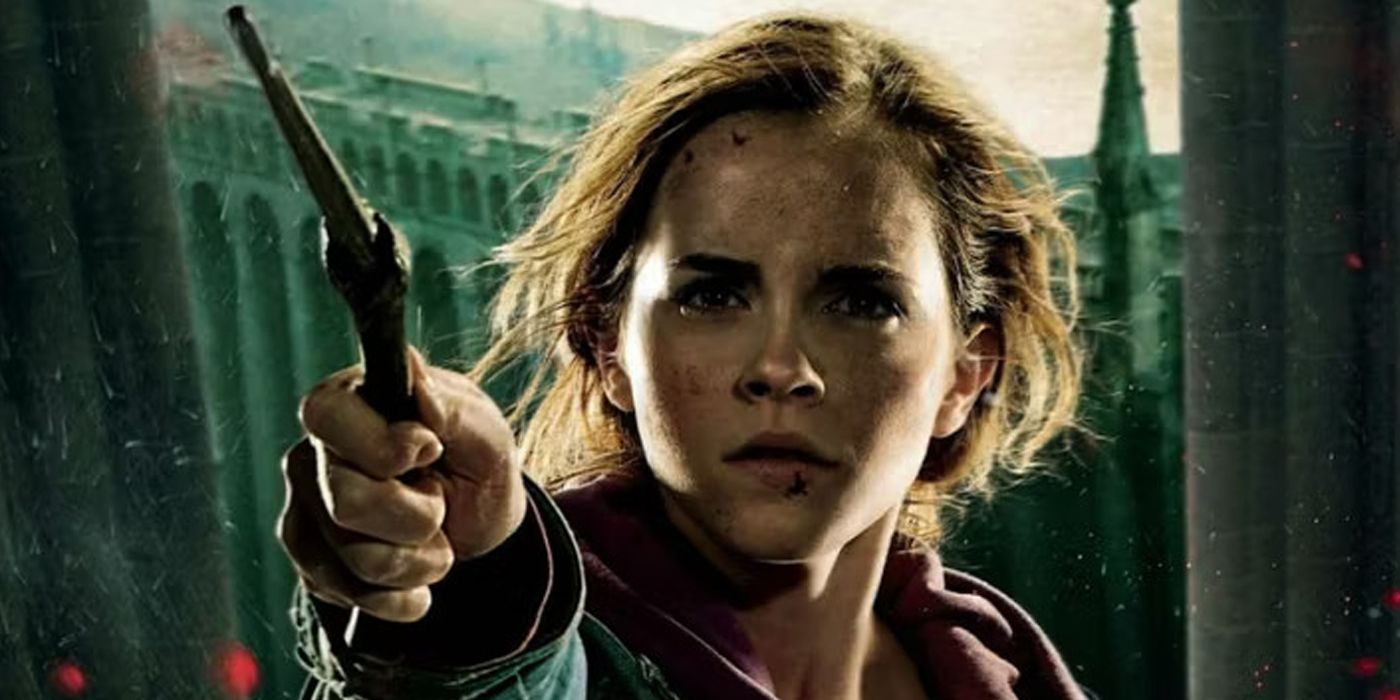 Hermione holding her wand up with a determined expression