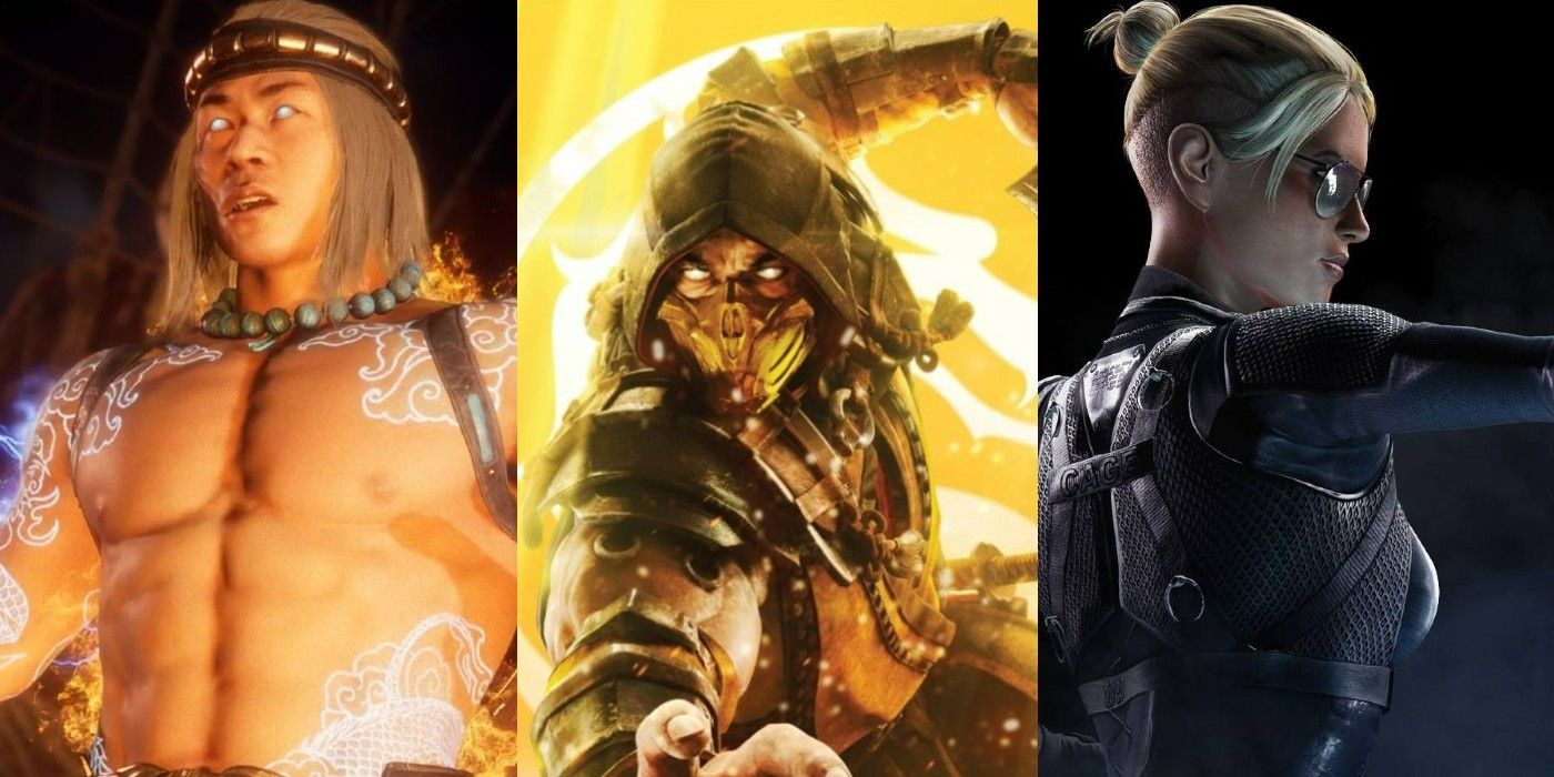 A split image of Fire God Liu Kang, Scorpion, and Cassie Cage from Mortal Kombat