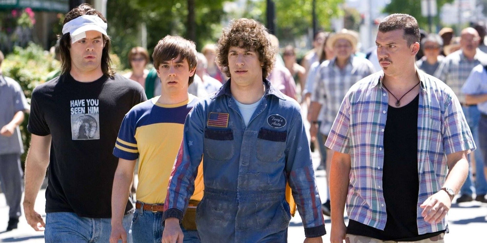 Dave, Kevin, Rod and Rico walk in the street in Hot Rod (2007).