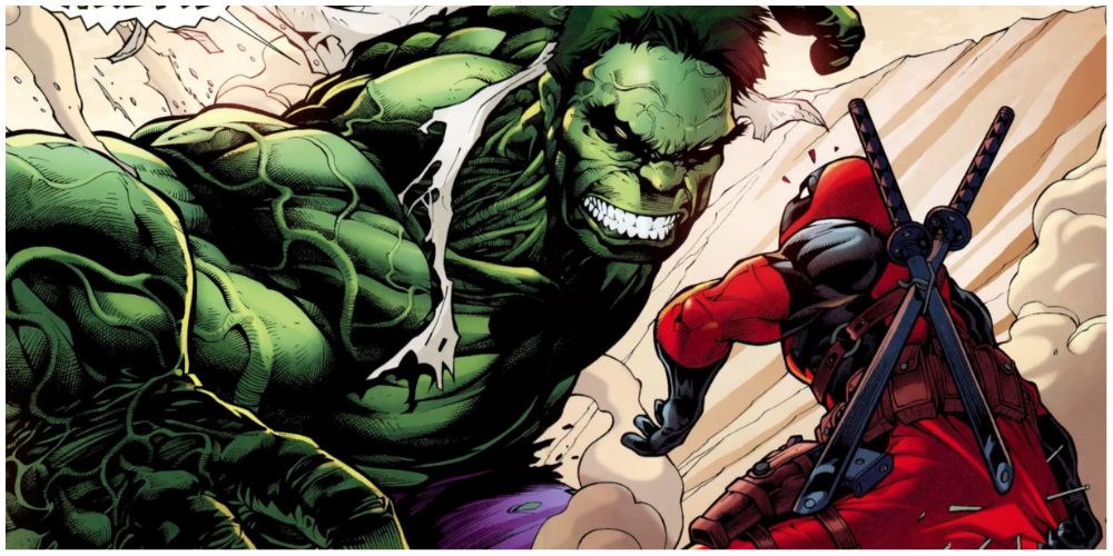 An image of comic art depicting the Hulk Vs Deadpool.