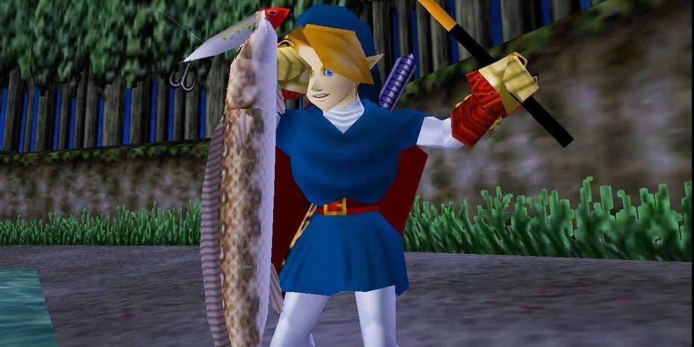 Link captura Hylian Loach em Legend of Zelda Ocarina of Time