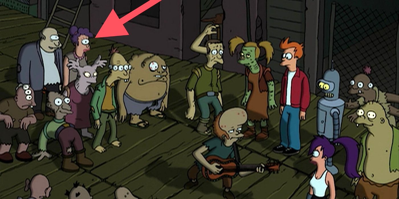 Futurama - Leela's parents in the crowd with Fry, Leela, and Bender
