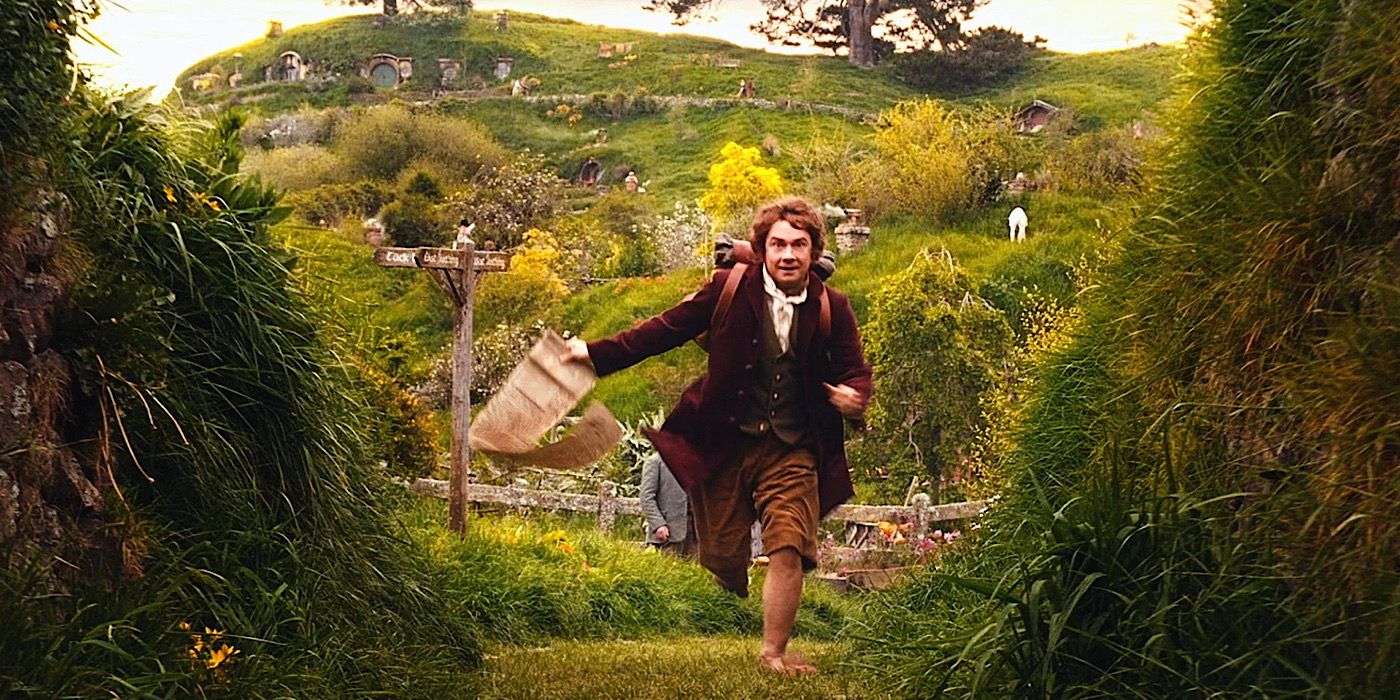 Bilbo Baggins running with his contract in The Hobbit: An Unexpected Journey.