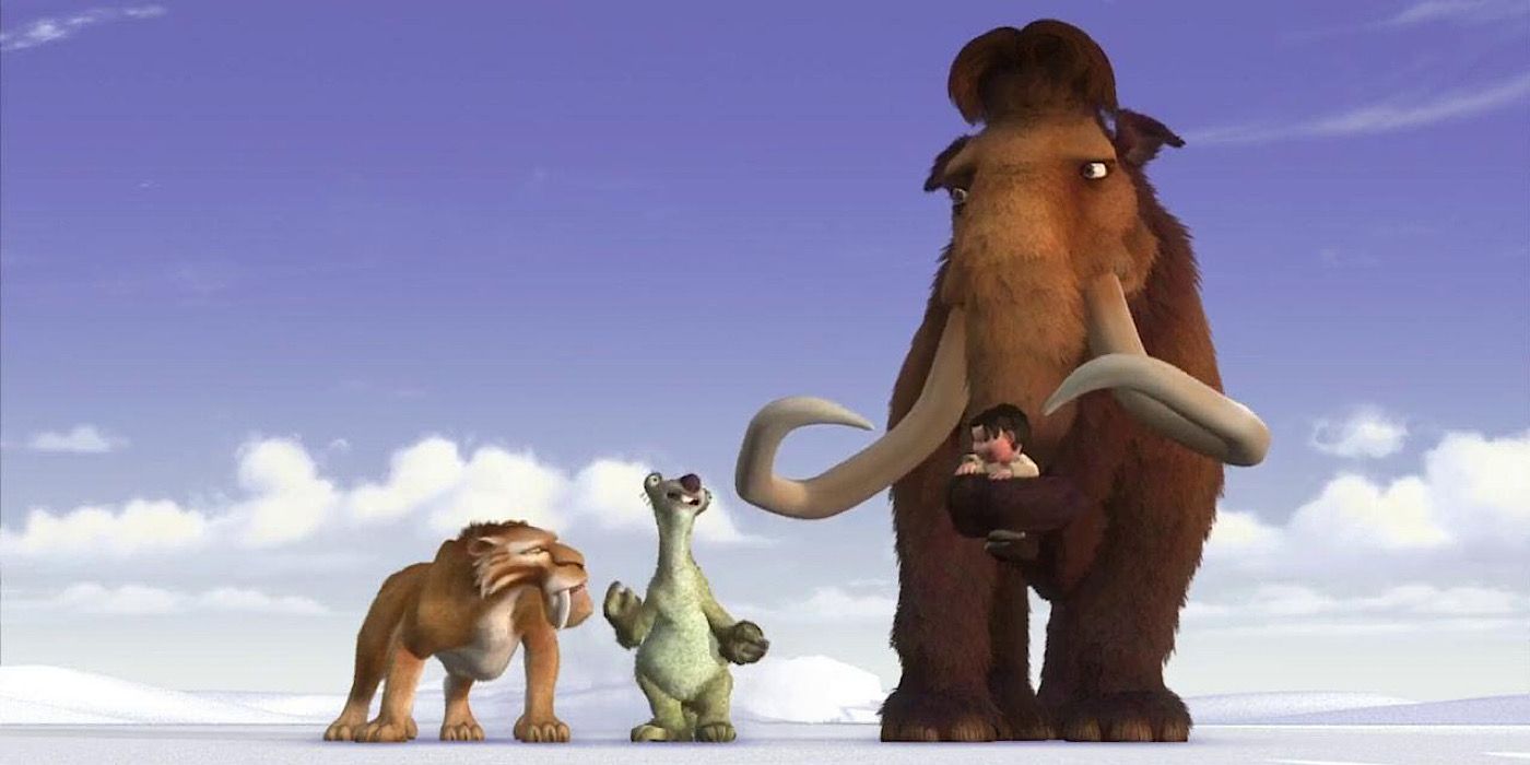 Sid, Diego, and Manfred walking while he carries Baby Moeritherium in Ice Age