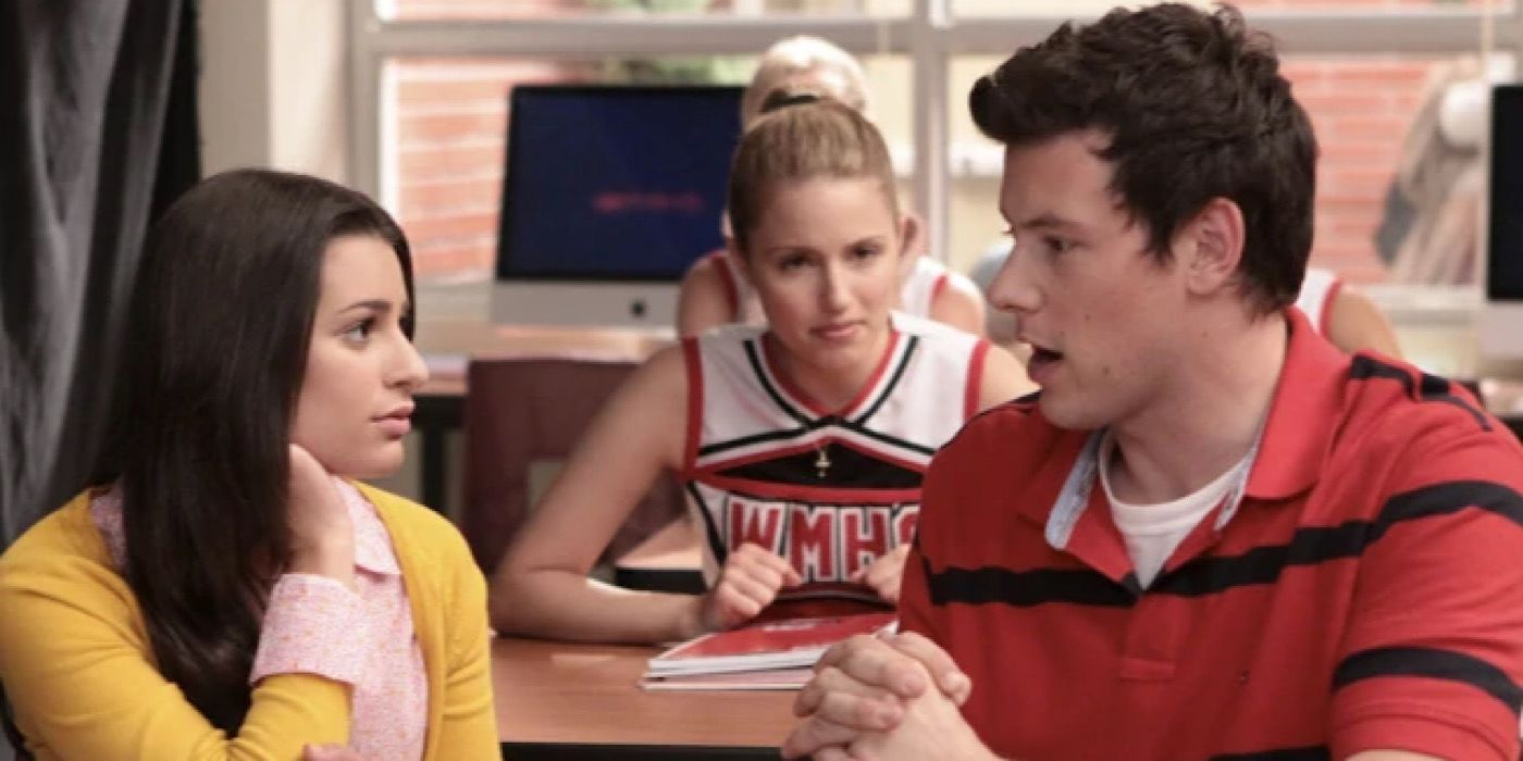 Finn, Quinn, and Rachel sitting in class in Glee.