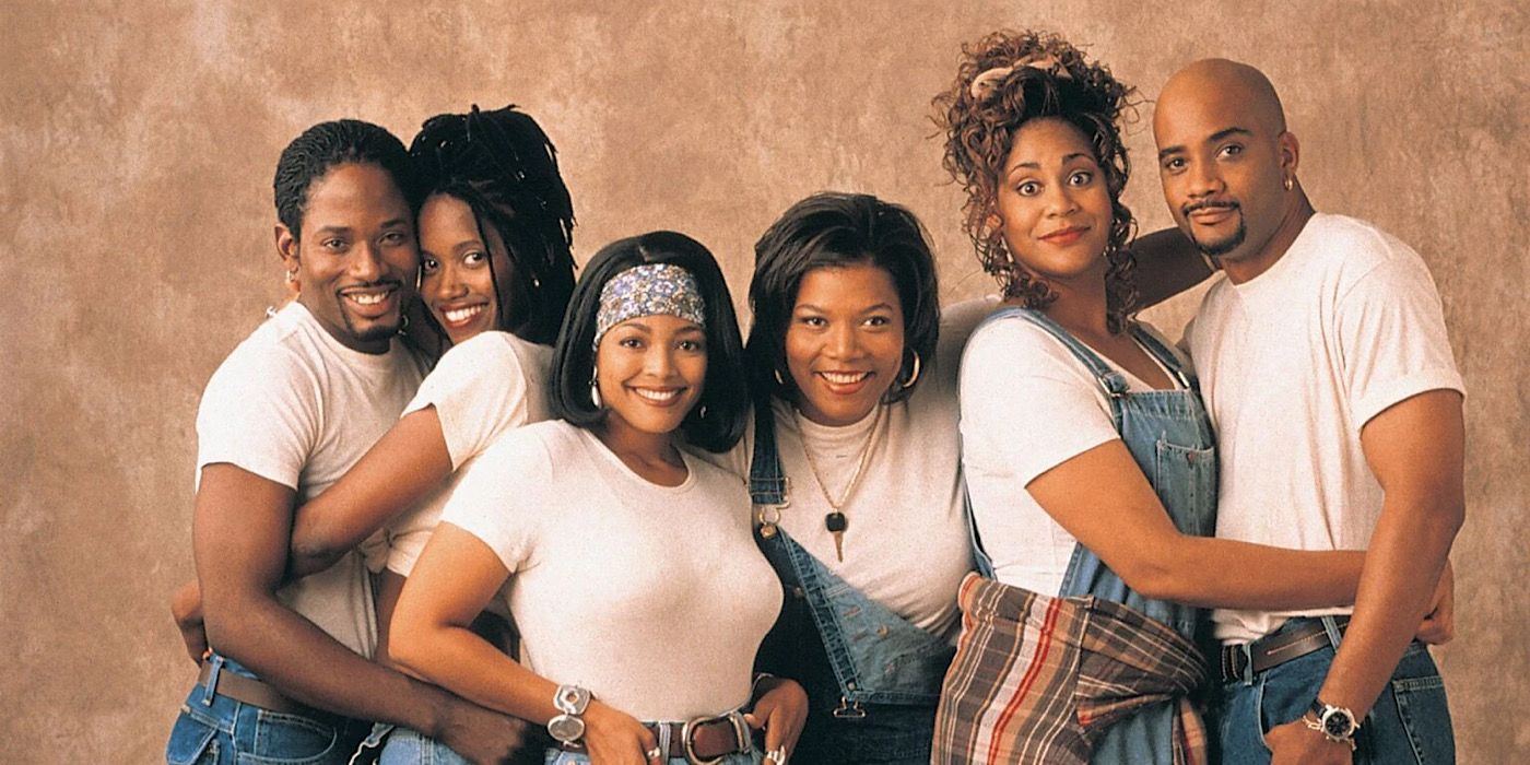 The six friends posing in the Living Single sitcom