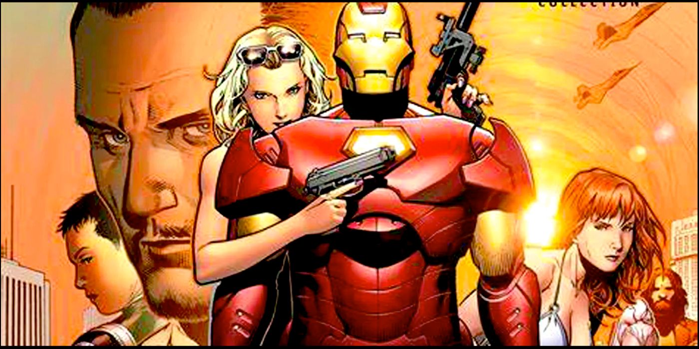 Iron Man in Las Vegas, flanked by female spies, with Tony Stark in the background in Marvel Comics