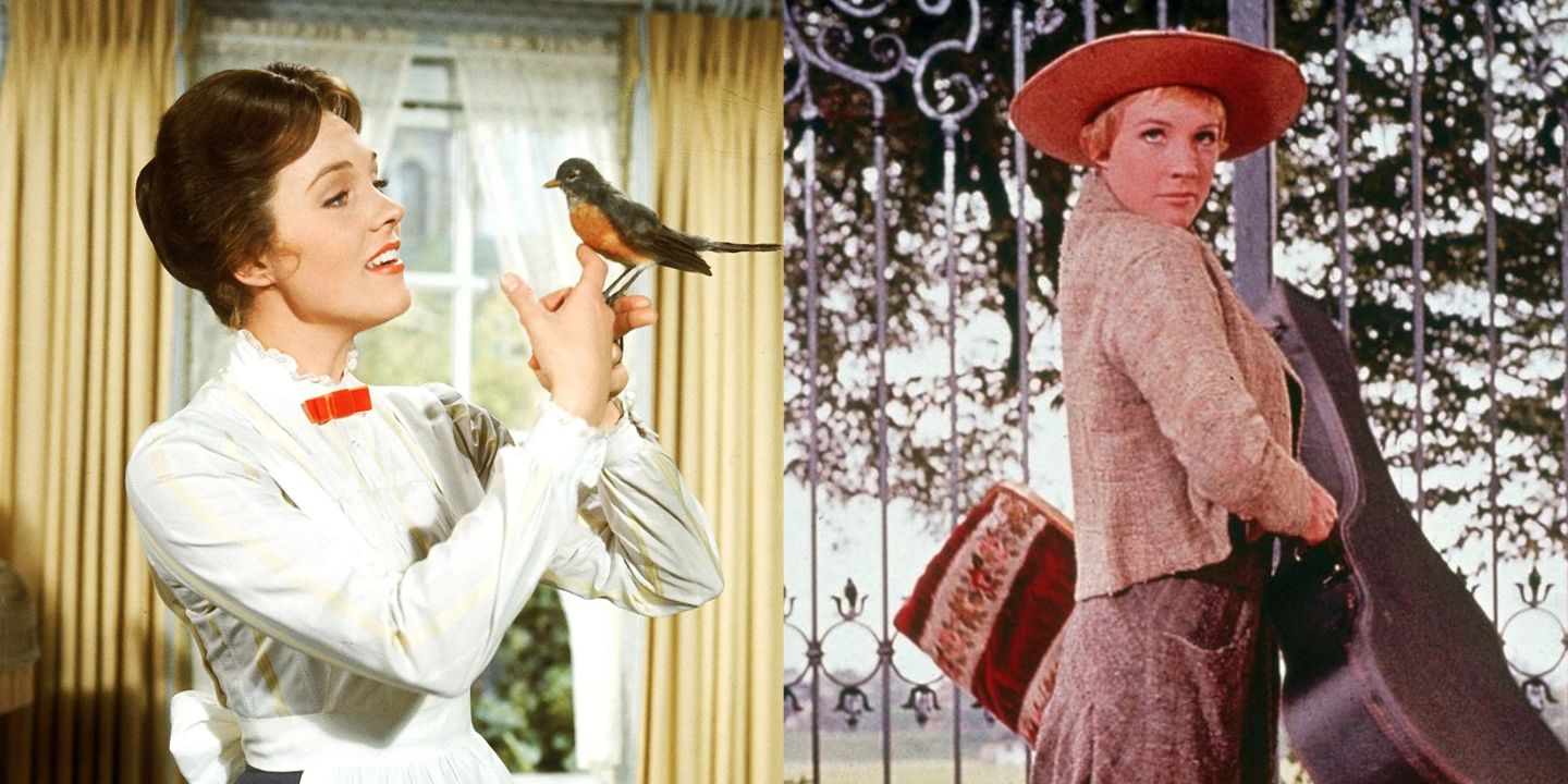 A split image of Julie Andrews as Mary Poppins from Mary Poppins and as Maria from The Sound of Music