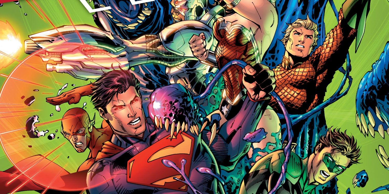 Superman, Flash, Green Lantern, Aquaman and Cyborg fight in the Justice League