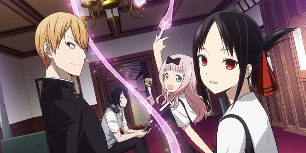 Chika, Miyuki, Kaguya, and Yuu staring at the camera while smiling in Kaguya-sama: Love is war