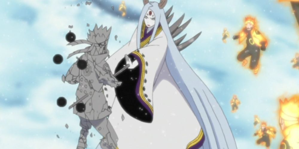 Kaguya uses All-Killing Ash Bone Technique on Naruto's Clone in Naruto Shippuden.