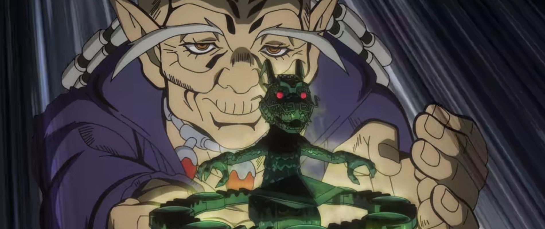Kenzou looks down at a green dragon-type figure in JoJo's Bizarre Adventure