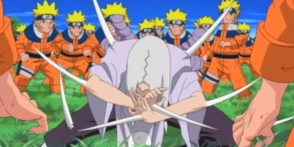 Kimimoro uses Dance Of The Camelia against Naruto's Shadow Clones in Naruto.