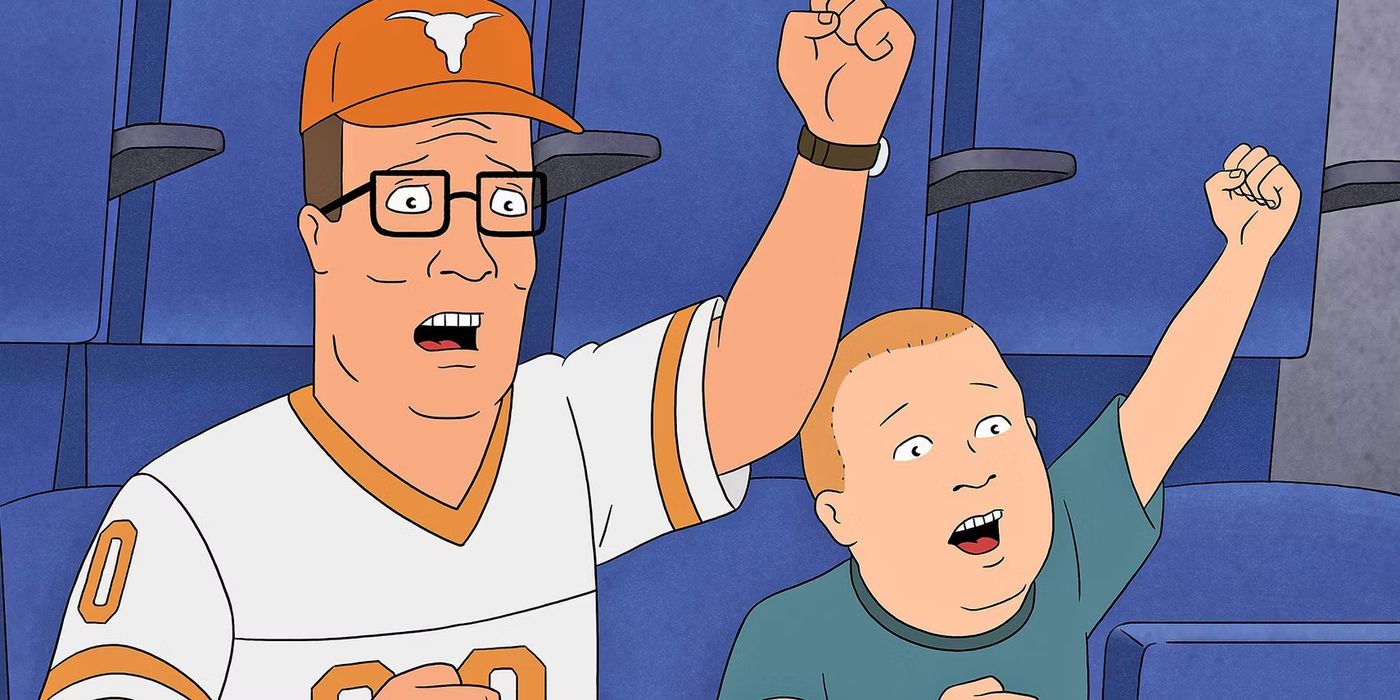 Hank and Bobby cheer during a Longhorns football match in King of the Hill