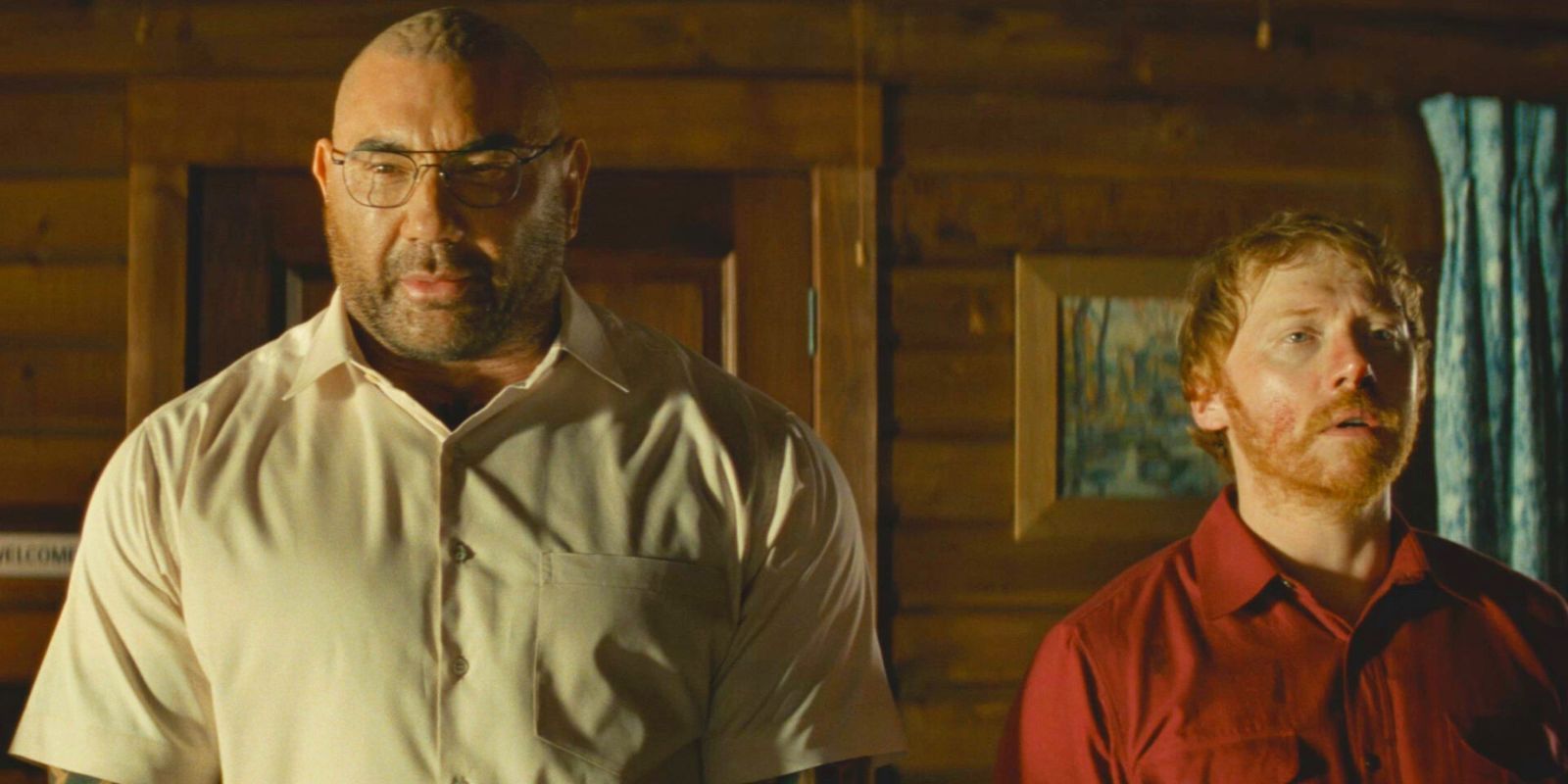 Dave Bautista as Leonard and Rupert Grint as Redmond from Knock at the Cabin