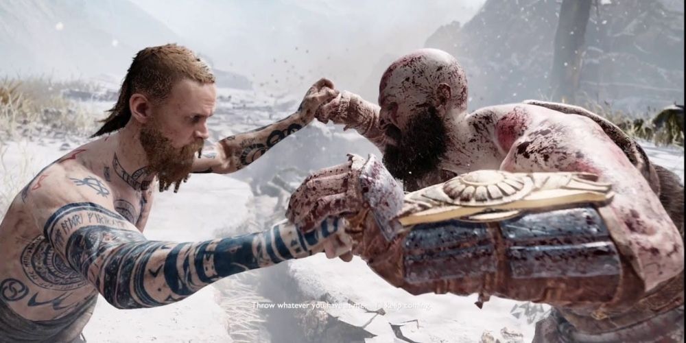 An image of Kratos' first fight with Baldur in God of War 2018