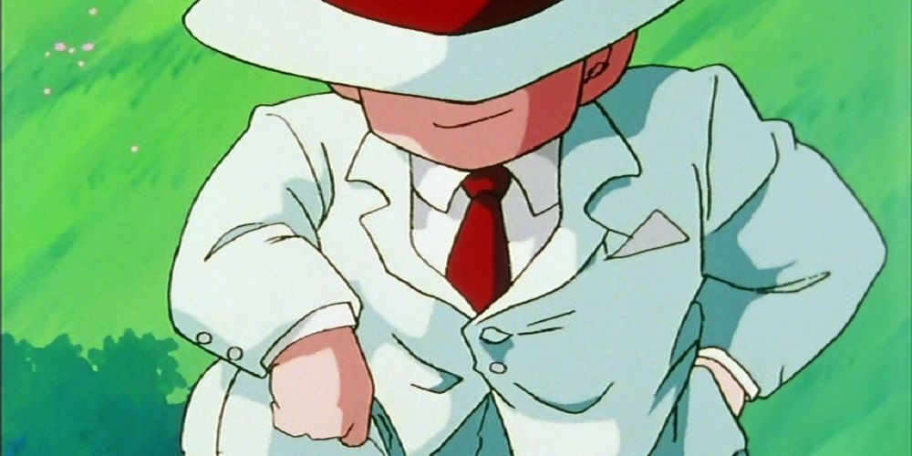 Krillin, wearing the all-white suit from the Garlic Junior Saga. His swag is amazing.
