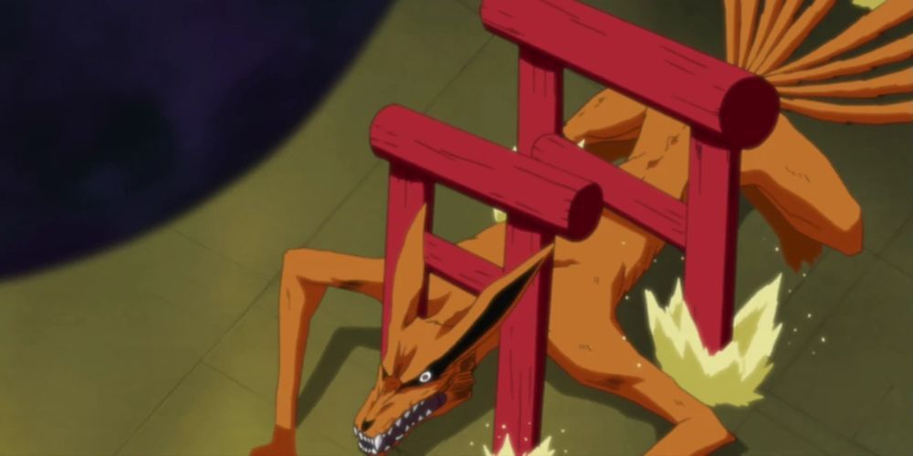 Kurama caught in Gracious Deity Gates Torii Sealing Technique in Naruto Shippuden.