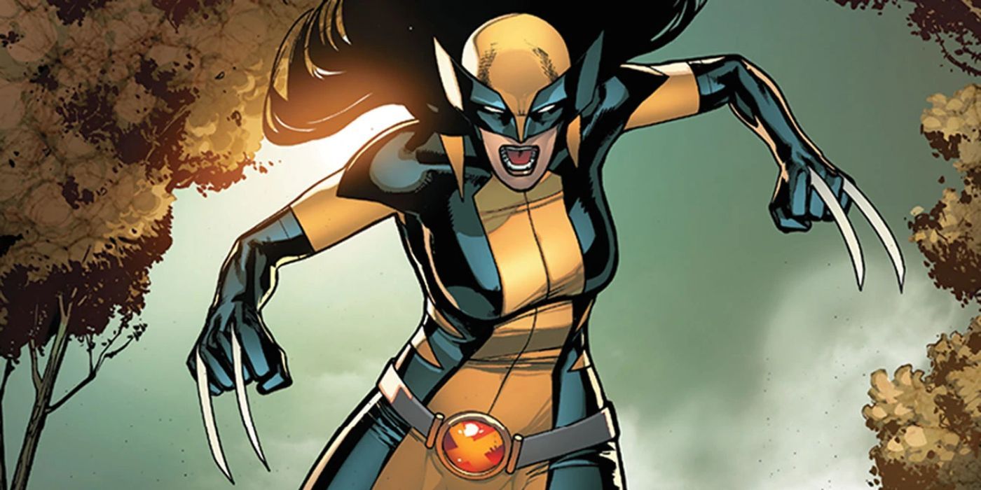 Laura Kinney enquanto Wolverine salta para frente e arranca as garras