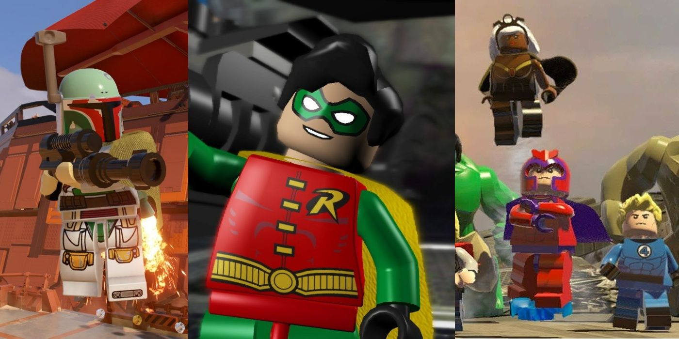A split image of Boba Fett from LEGO Star Wars, Robin from LEGO Batman, and various heroes from LEGO Marvel Superheroes