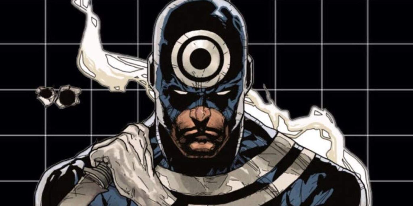 Bullseye holding a knife against a black grid in Marvel Comics