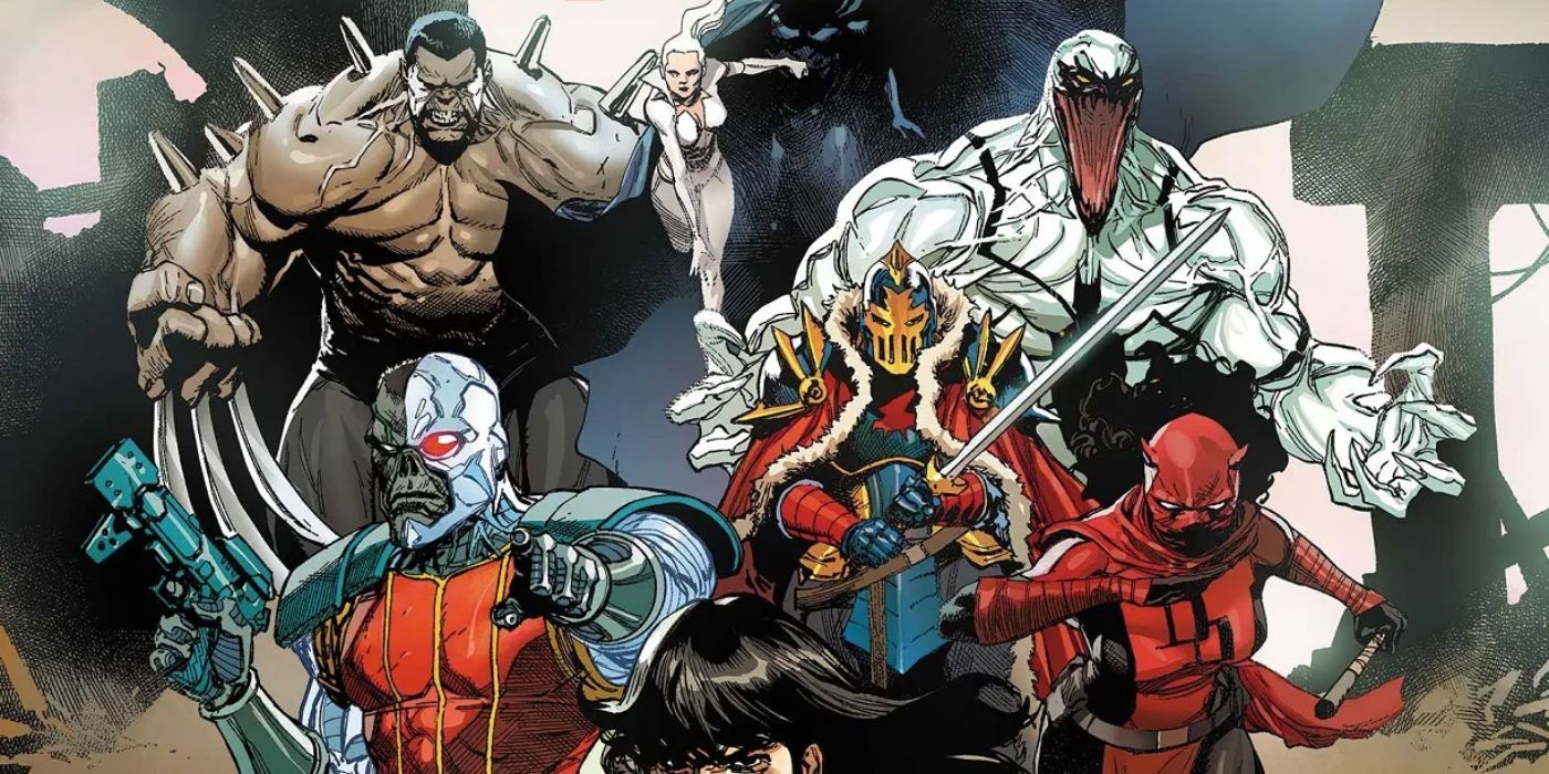 Leinil Franic Yu's Savage Avengers spread, featuring (left to right), Weapon H, Deathlok, Dagger, Cloak, Black Knight, Anti-Venom, and Elektra